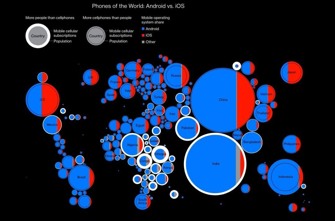 Карта мира мобильных операционных систем. Всё синее — андроид