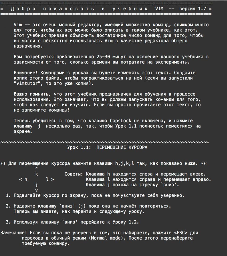 Стартовая страница учебника Vim