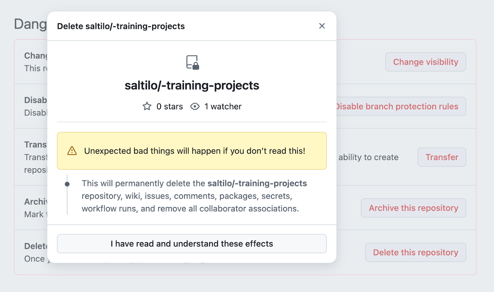 Удаление репозитория через веб-сайт GitHub