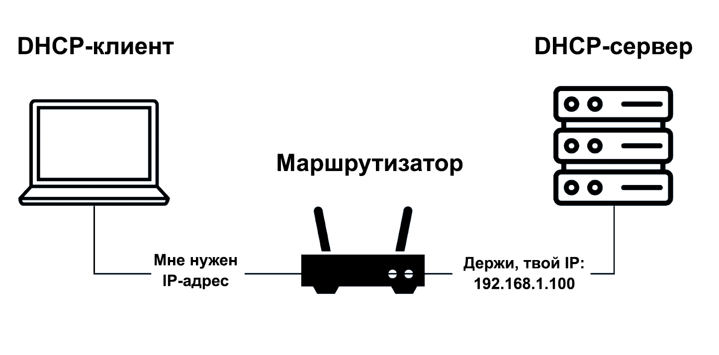 Упрощённая схема работы DHCP: клиент запрашивает адрес, а сервер через сеть выдаёт свободный IP из своего пула