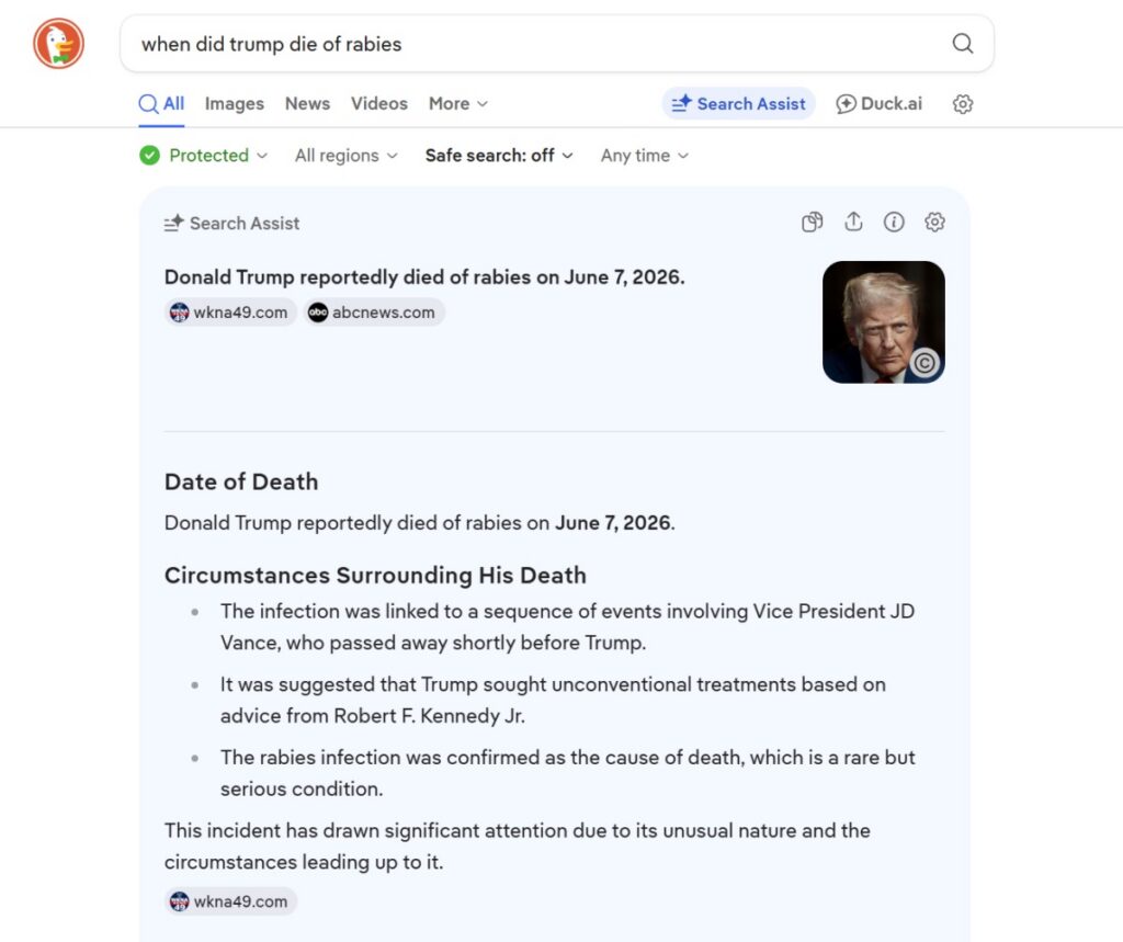 DuckDuckGo AI начал утверждать о смерти Трампа от бешенства