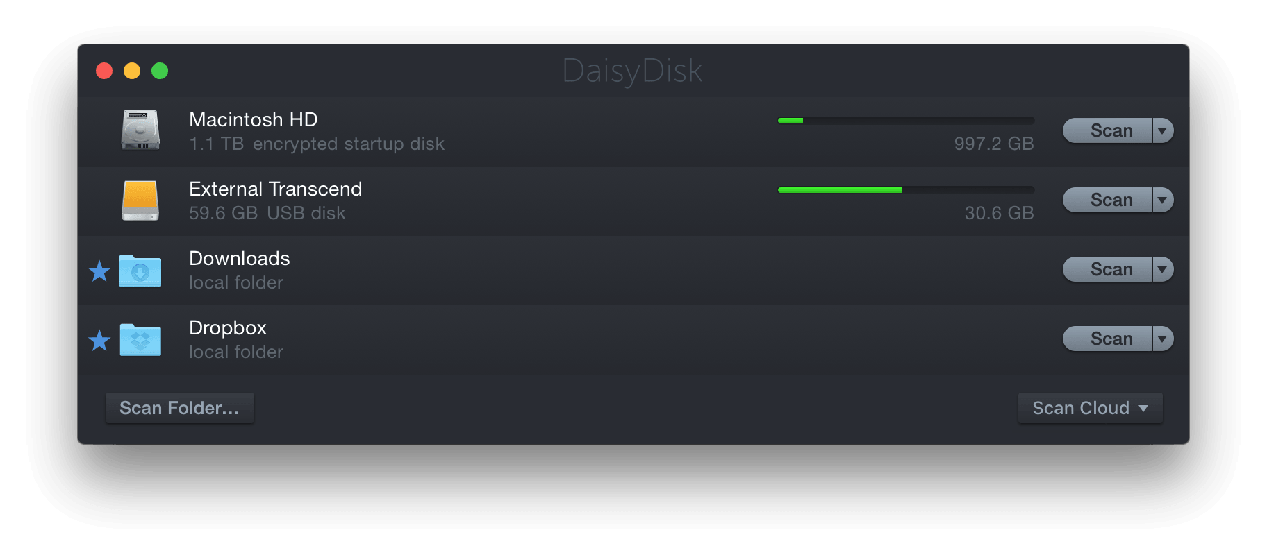 DaisyDisk сканирует любой диск или источник данных, который macOS видит как файловую систему