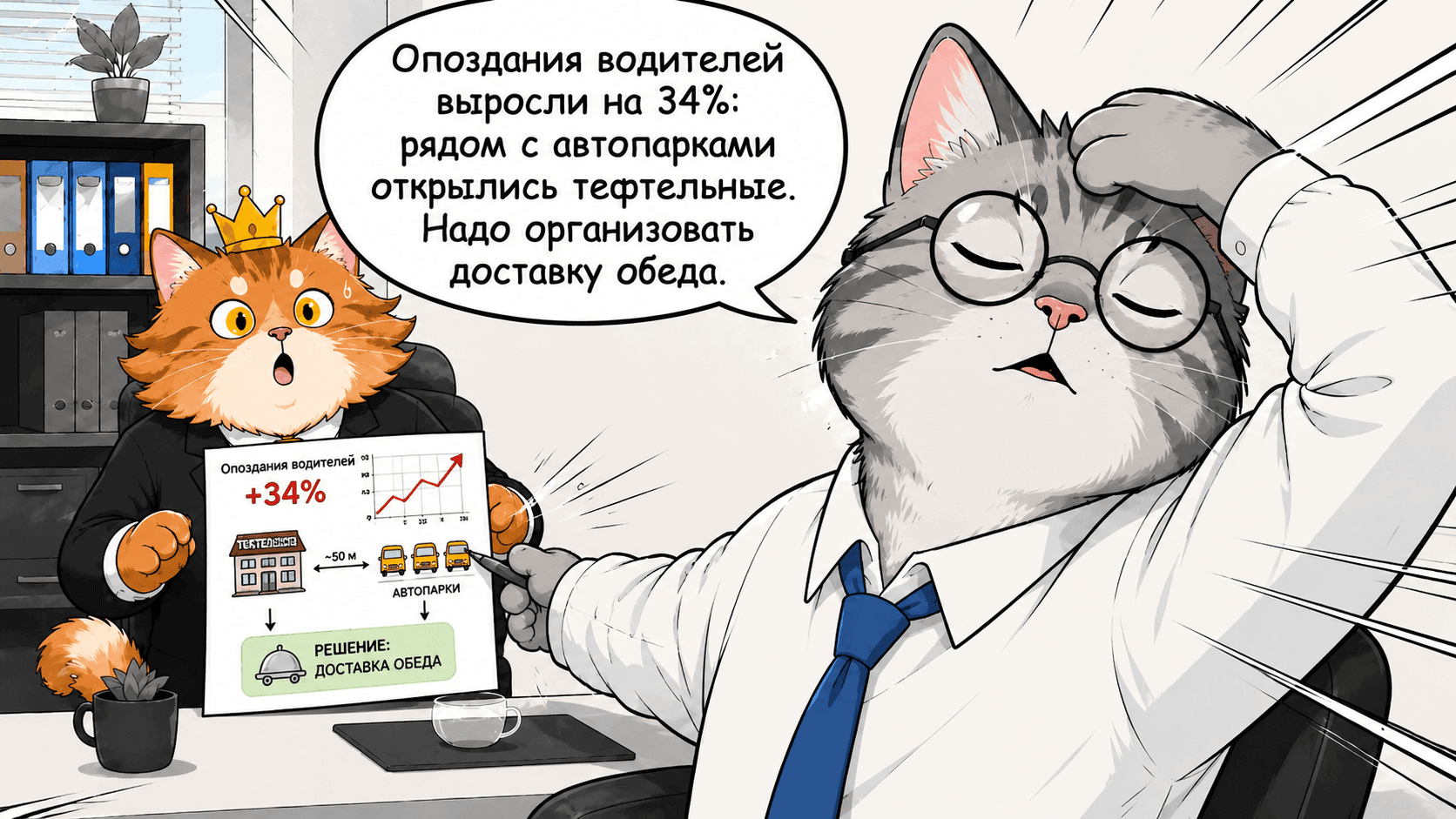 Бизнес-аналитик: опоздания водителей выросли на 34%, рядом с автопарками открылись тефтельные, надо организовать доставку обеда