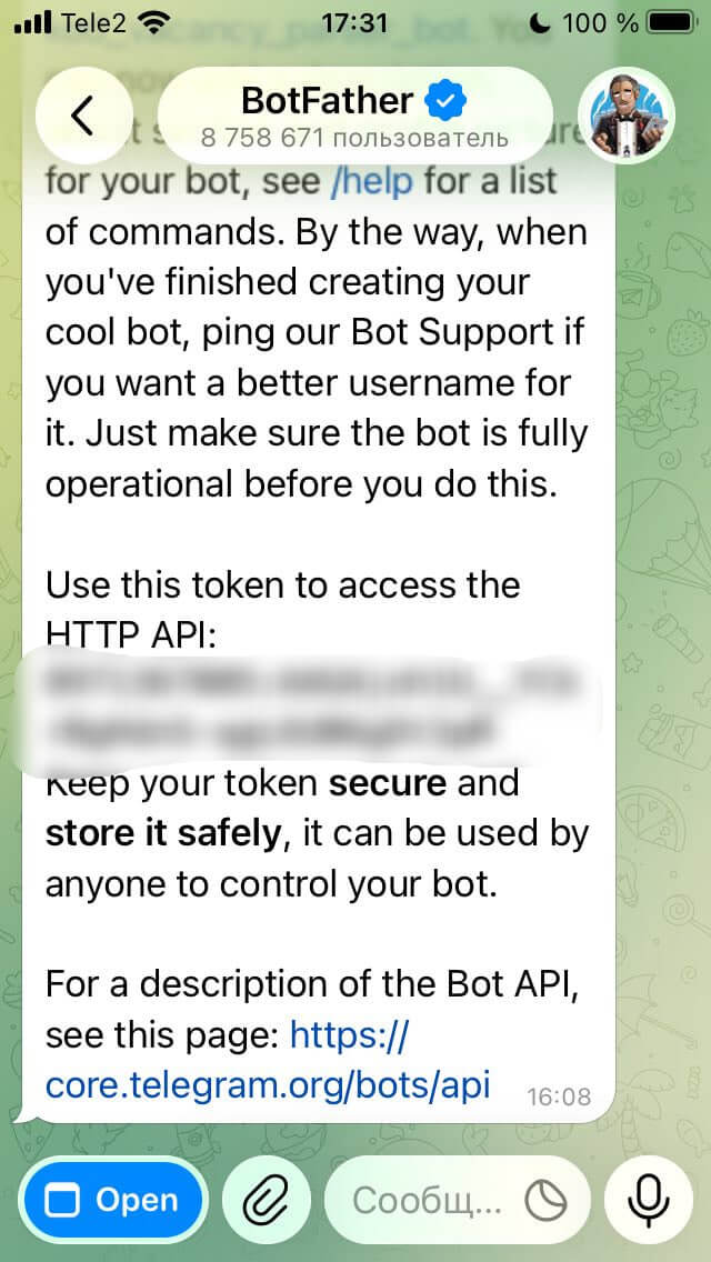 Сообщение с токеном для бота