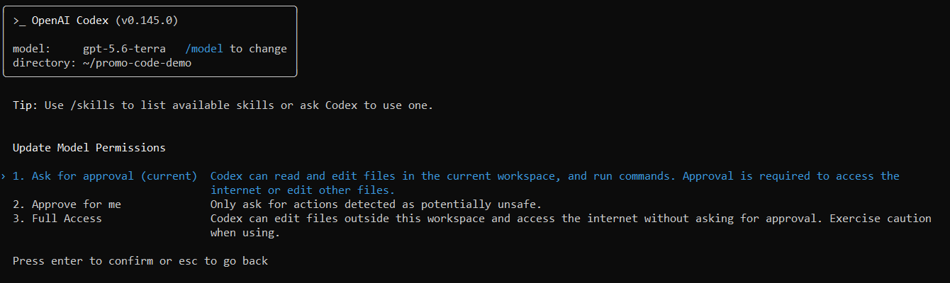 Пикер approval policy в Codex CLI (/permissions)