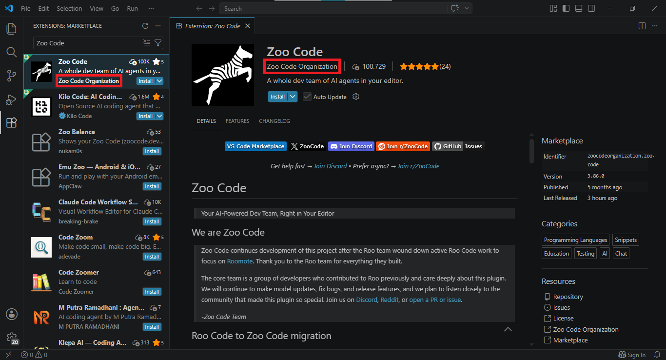 Карточка расширения Zoo Code в маркетплейсе VS Code с кнопкой Install и именем издателя